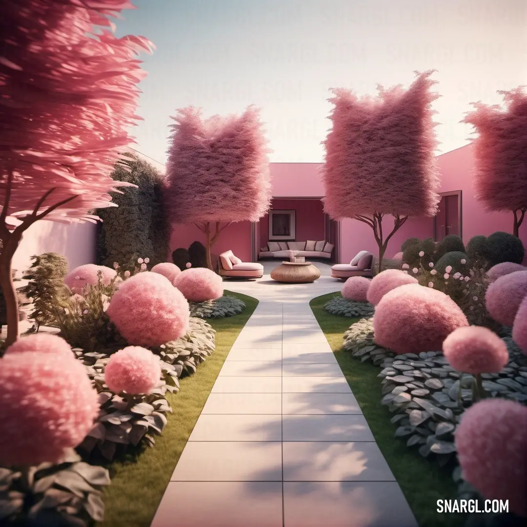 A delightful pink house set against a backdrop of vibrant pink flowers and leafy trees, creating a picturesque scene brimming with charm and vibrant colors.