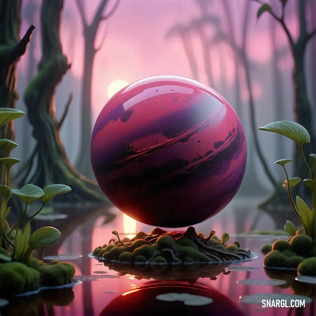 Red ball on top of a puddle of water in a forest filled with trees and plants at sunset. Example of Blush color.