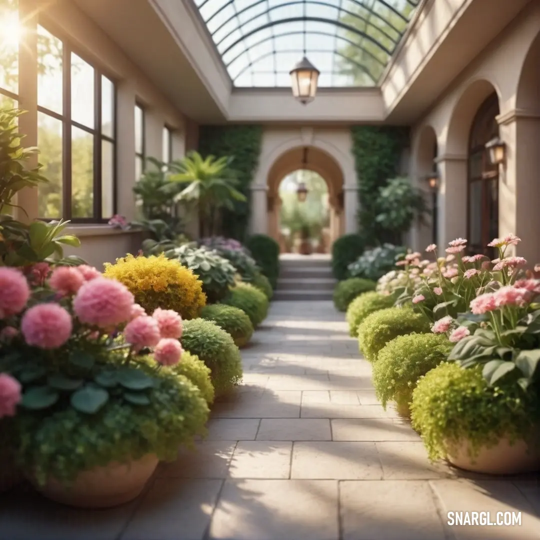 A beautifully lit walkway surrounded by a variety of blooming flowers and lush plants, with a light fixture above casting a soft glow. The warm blush tones of the flowers and plants create a romantic and inviting atmosphere.