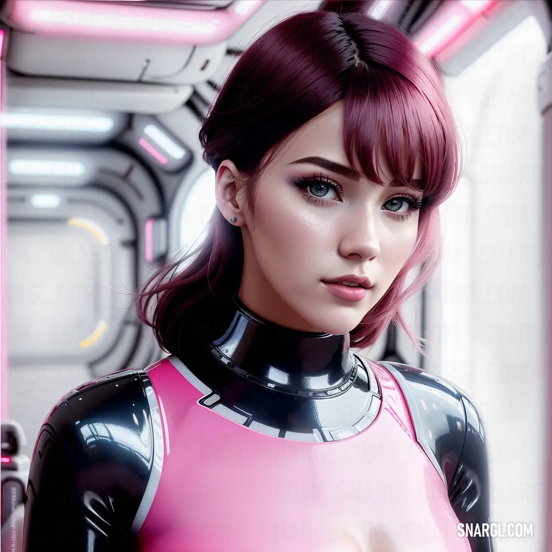 Woman in a pink and black suit with a sci - fi fidgetd look on her face