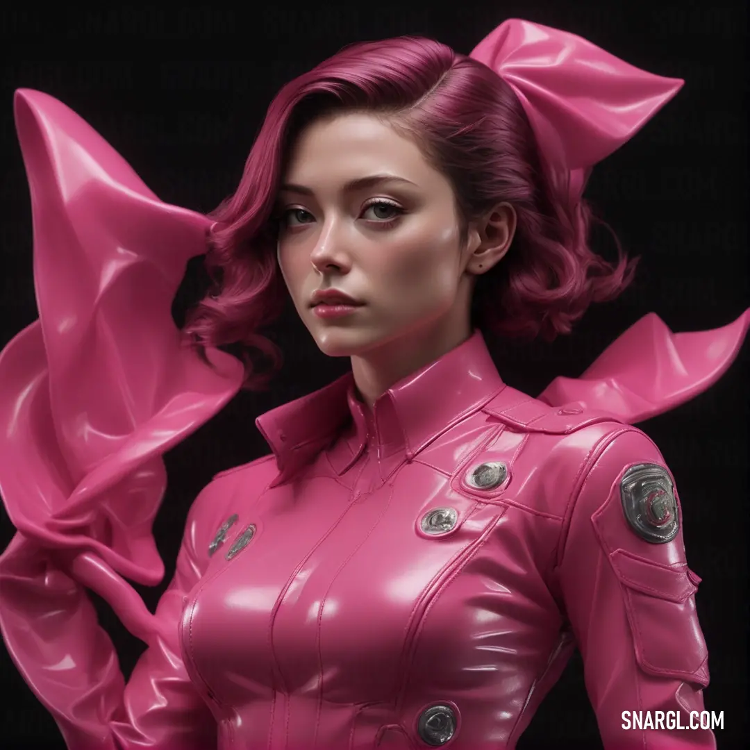 Woman in a pink leather outfit with a pink bow around her neck and a black background with a black backdrop. Example of #DE5D83 color.