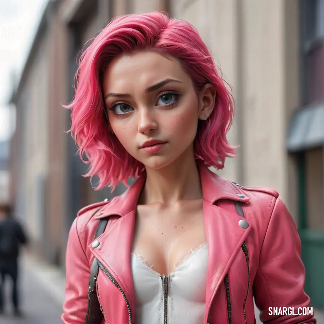 Woman with pink hair and a pink jacket on a street corner with a man walking by her and a woman with pink hair