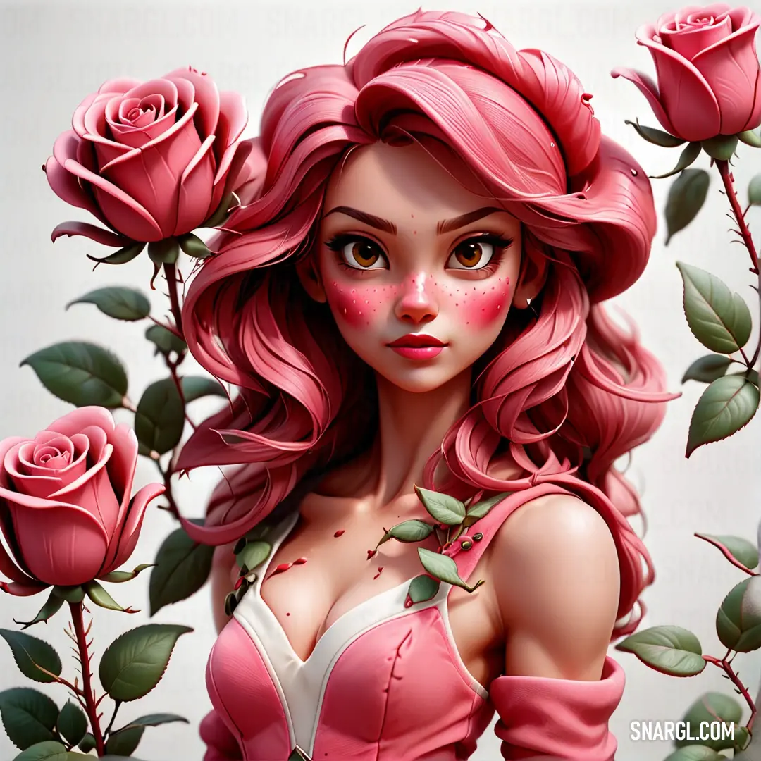 Blush color. Woman with pink hair and a bra with roses around her neck and chest
