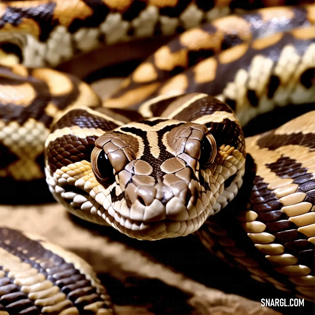 Close up of a snake on a bed of rocks and dirts with a blurry background