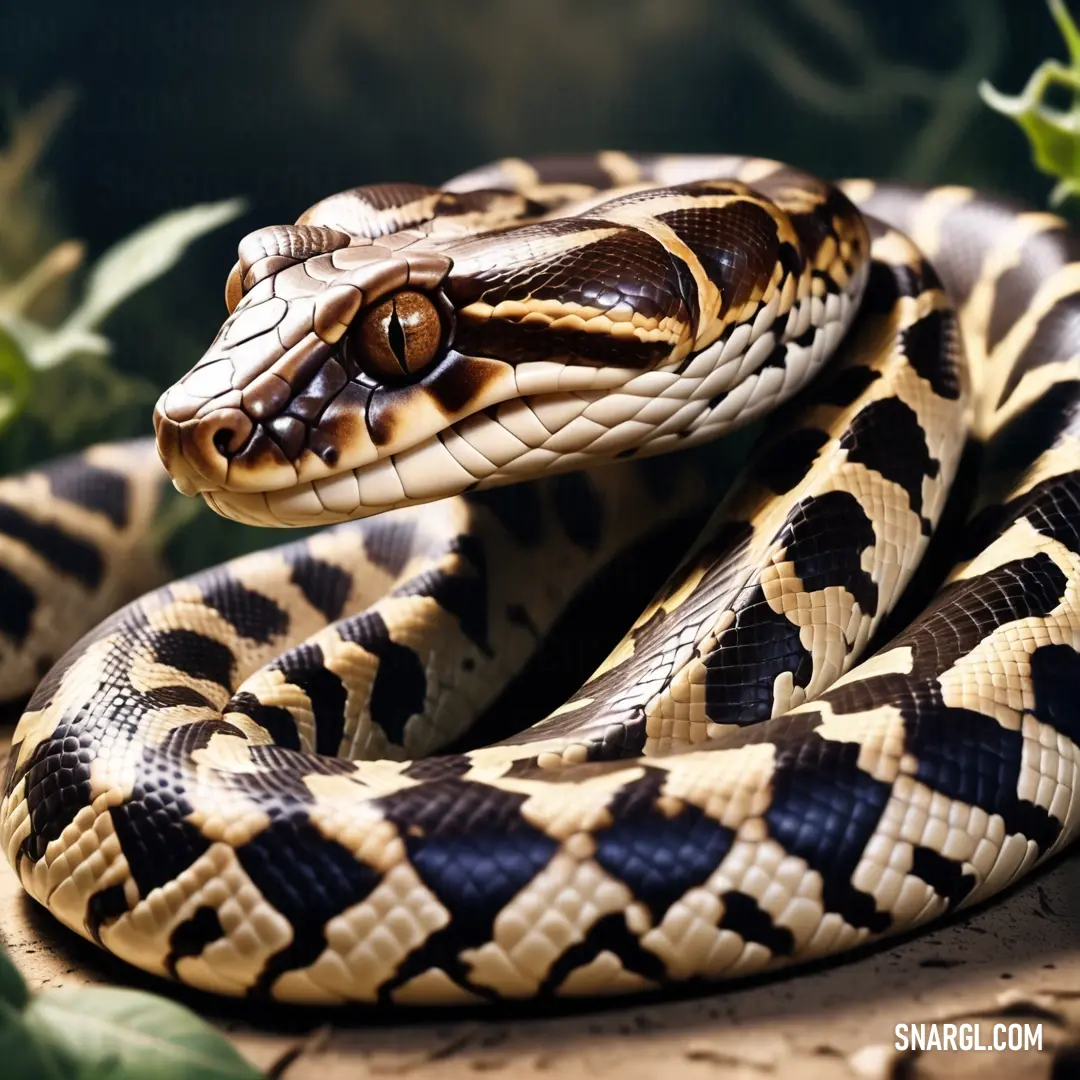 Snake is curled up on a branch in a forest of leaves and plants, with a black background