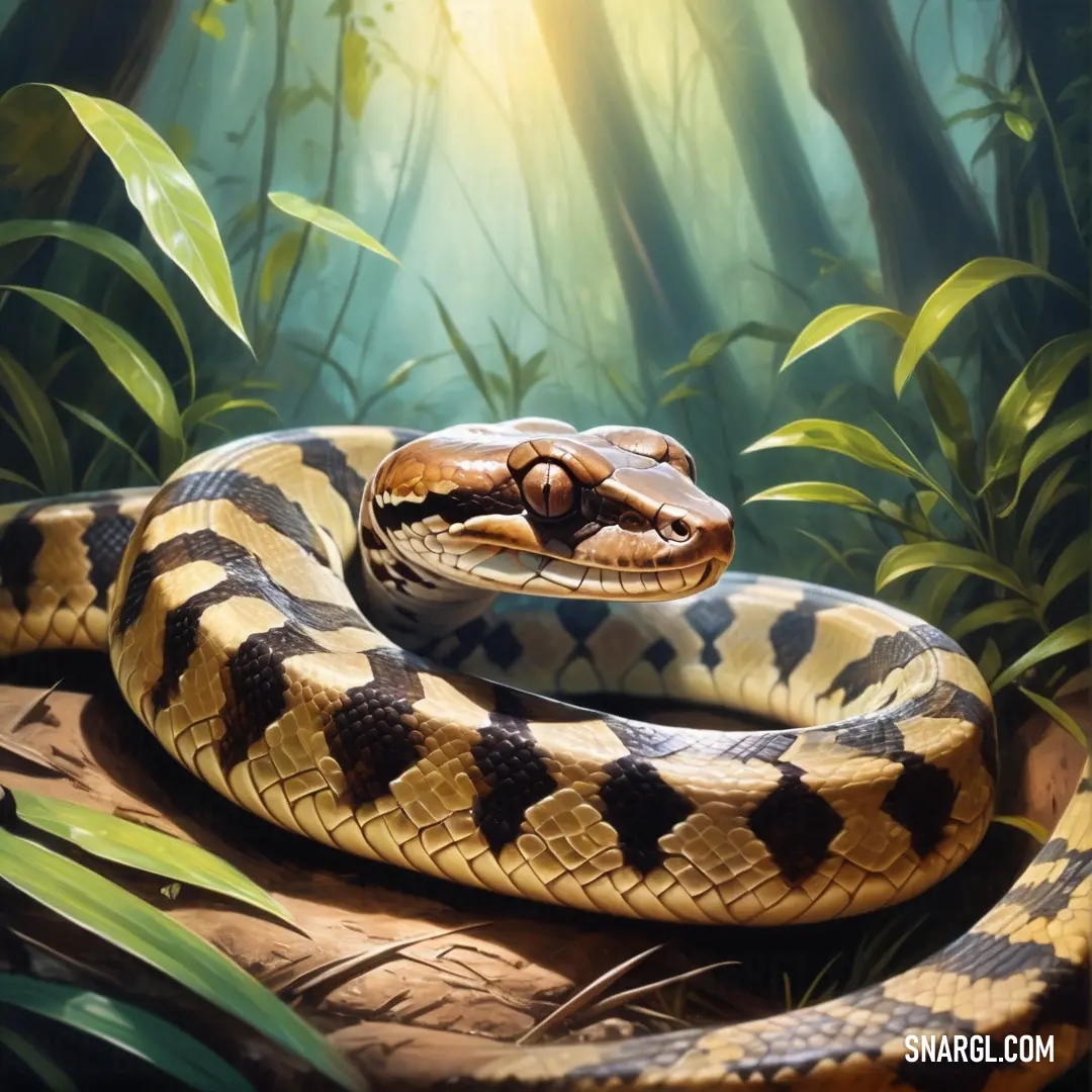 Snake is curled up on a branch in a forest of leaves and plants, with a black background