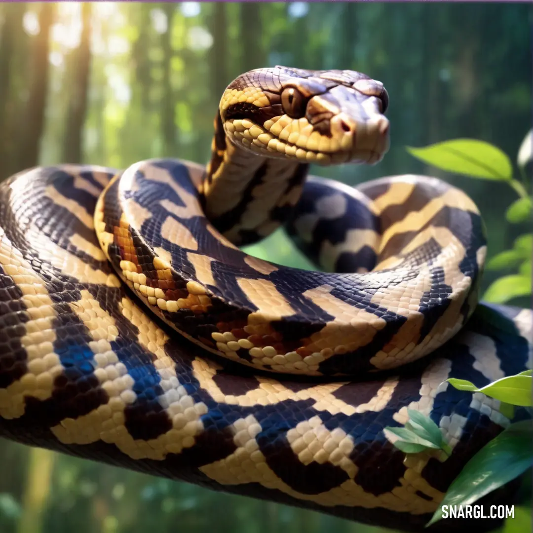 Snake is on a branch in a forest with leaves and trees in the background
