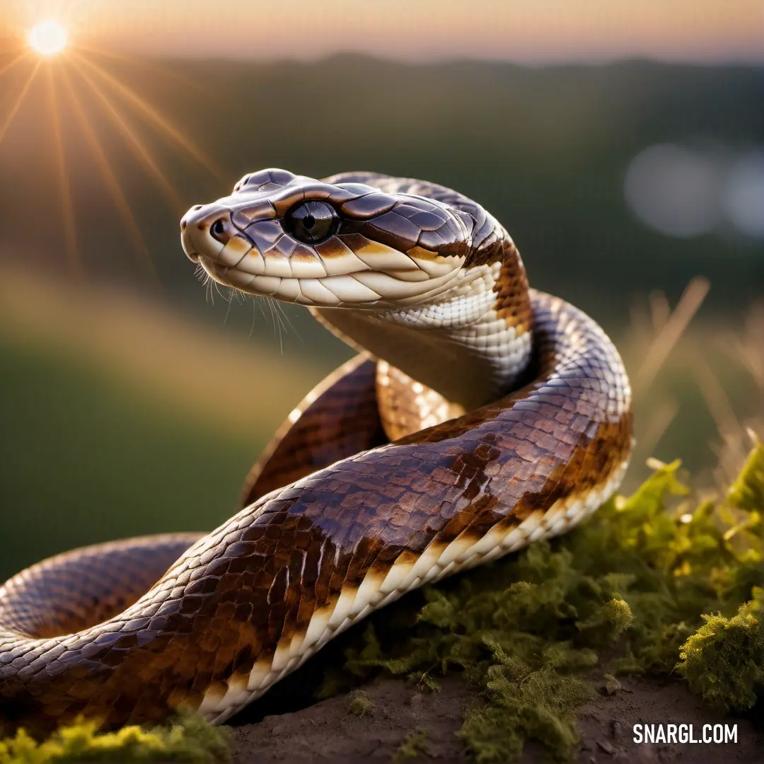 Brown snake with a white stripe on its head and neck