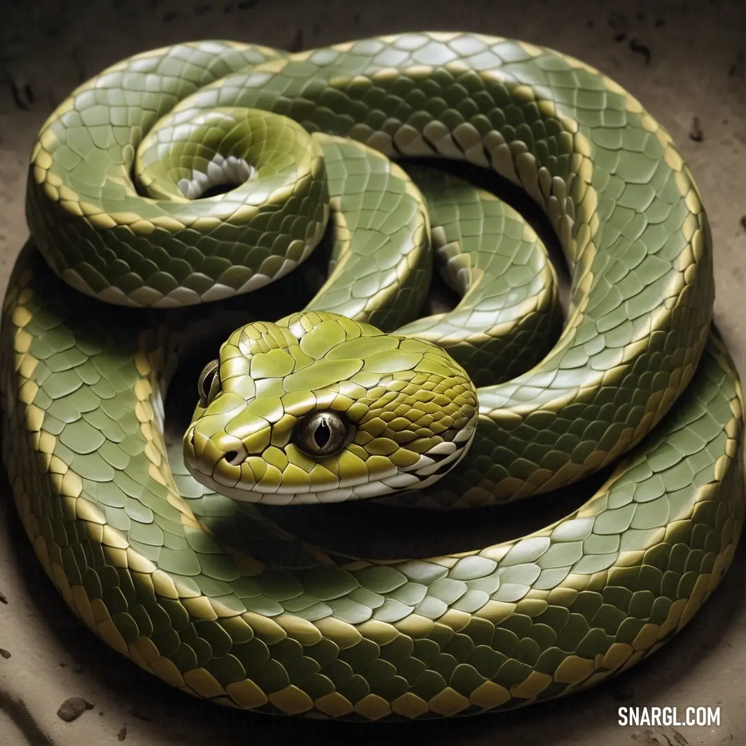 Green snake is curled up on a rock and ready to strike the camera with its mouth open