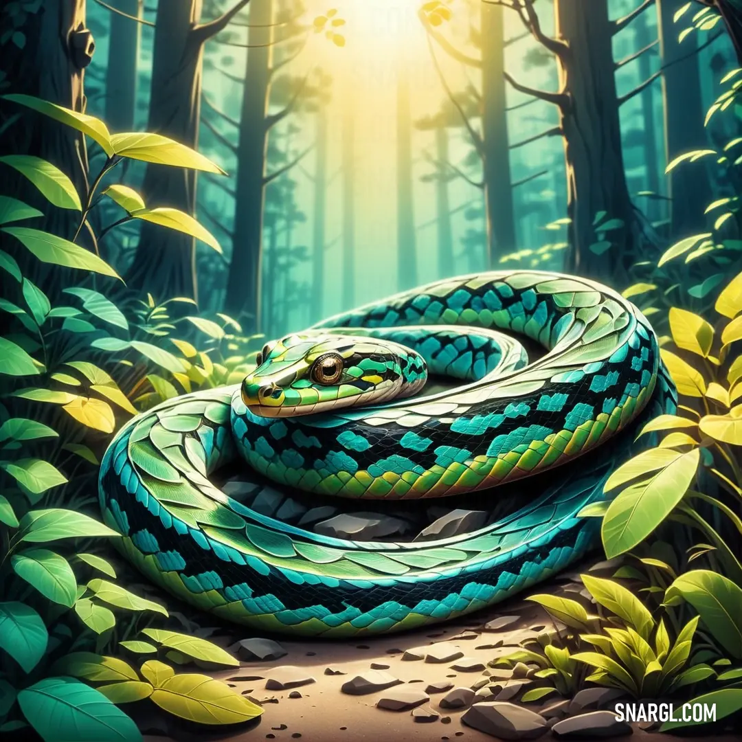 Snake is curled up in the middle of a forest with leaves and rocks on the ground