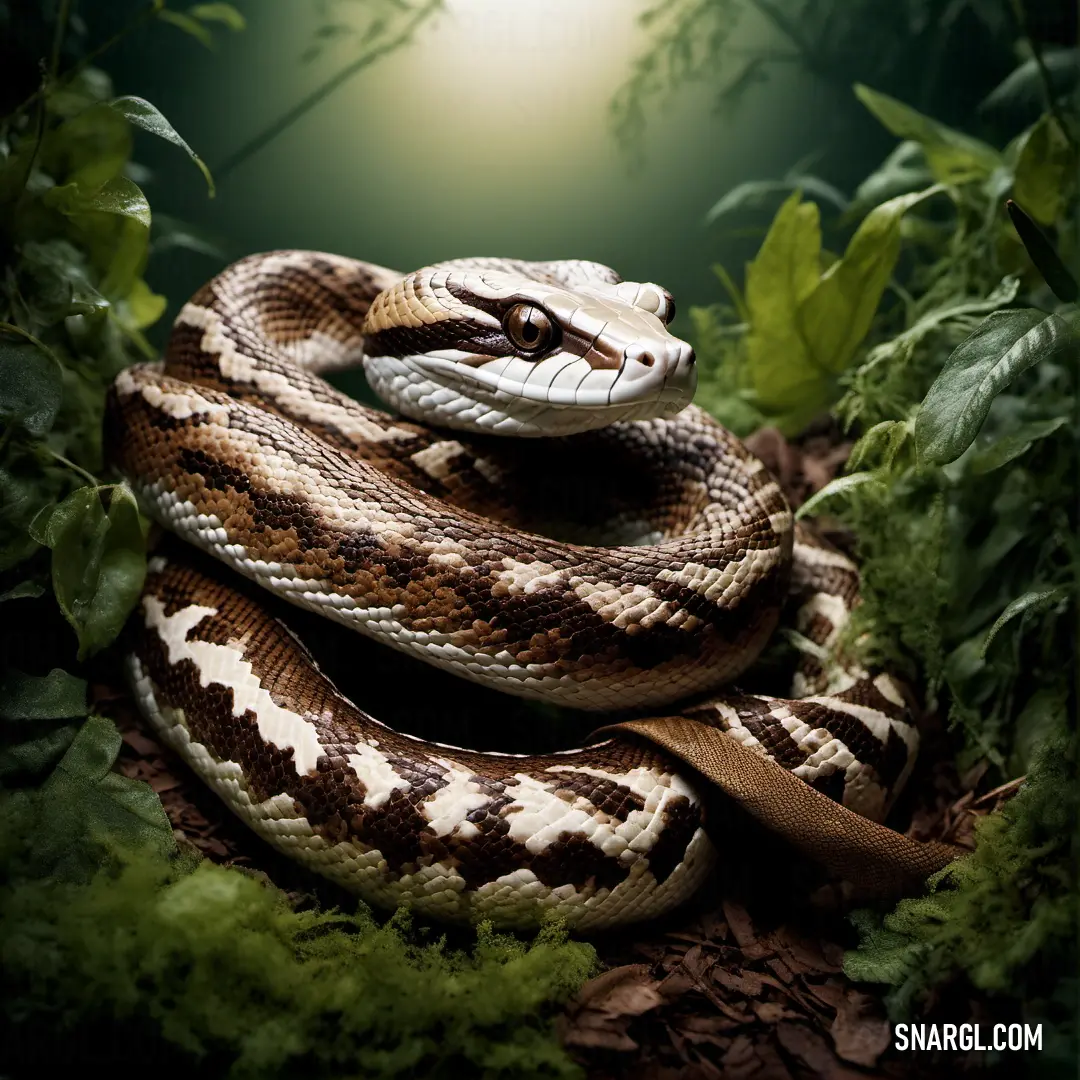 Snake is curled up on a bed of leaves and plants in the dark light of the sun shining down