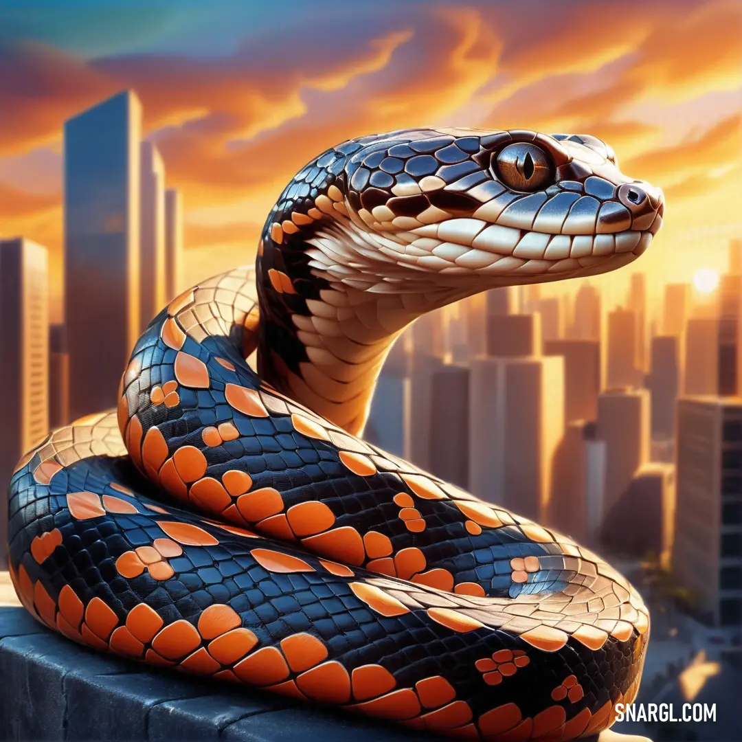 Snake is on a ledge in front of a cityscape with buildings in the background