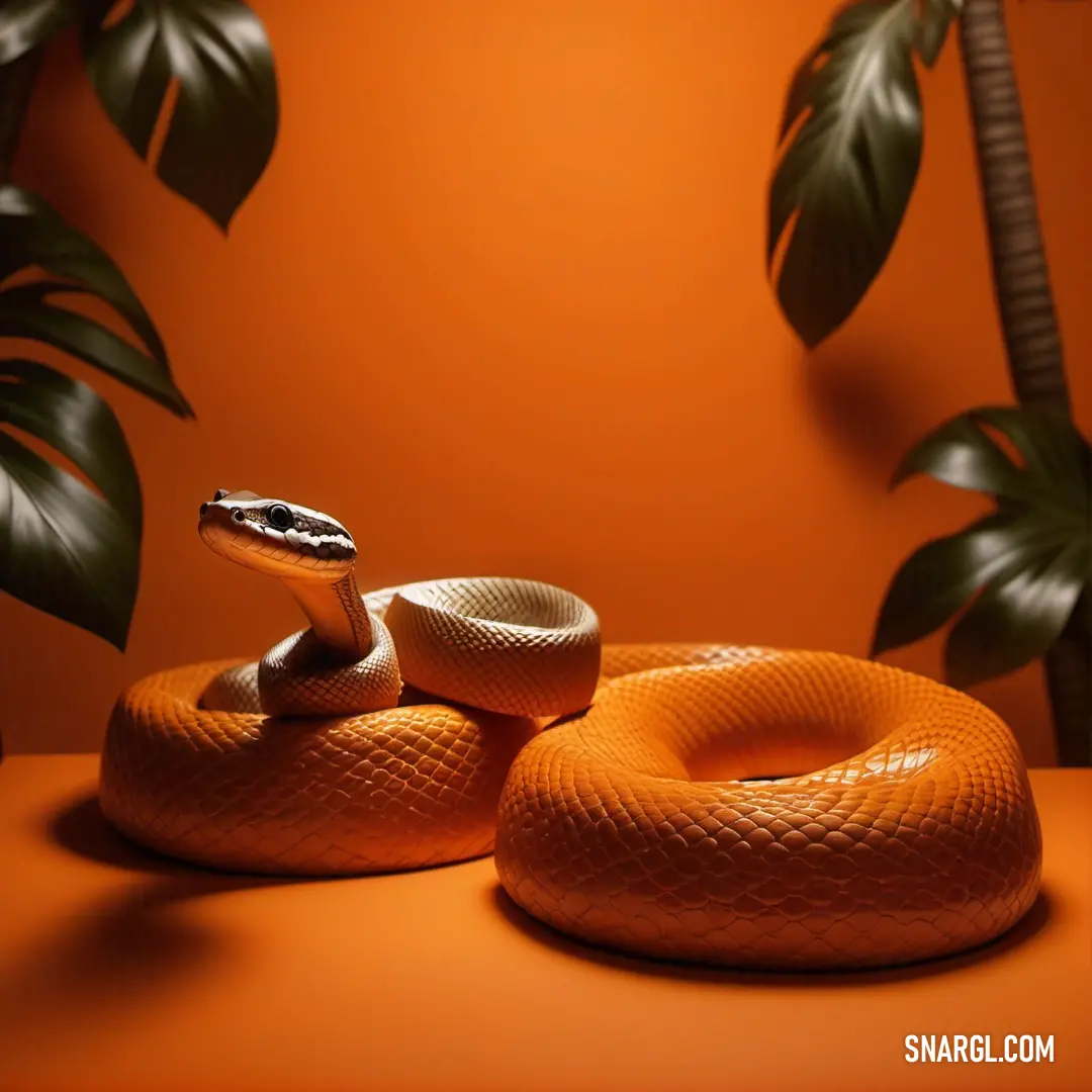 Snake is on a table next to a plant and a potted plant in the background