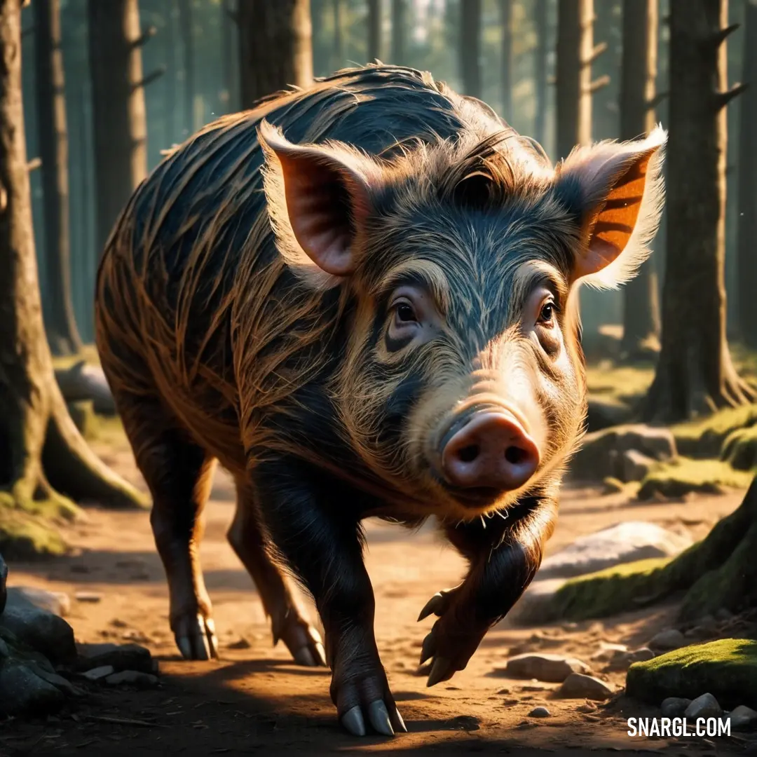 Boar running through a forest with trees in the background