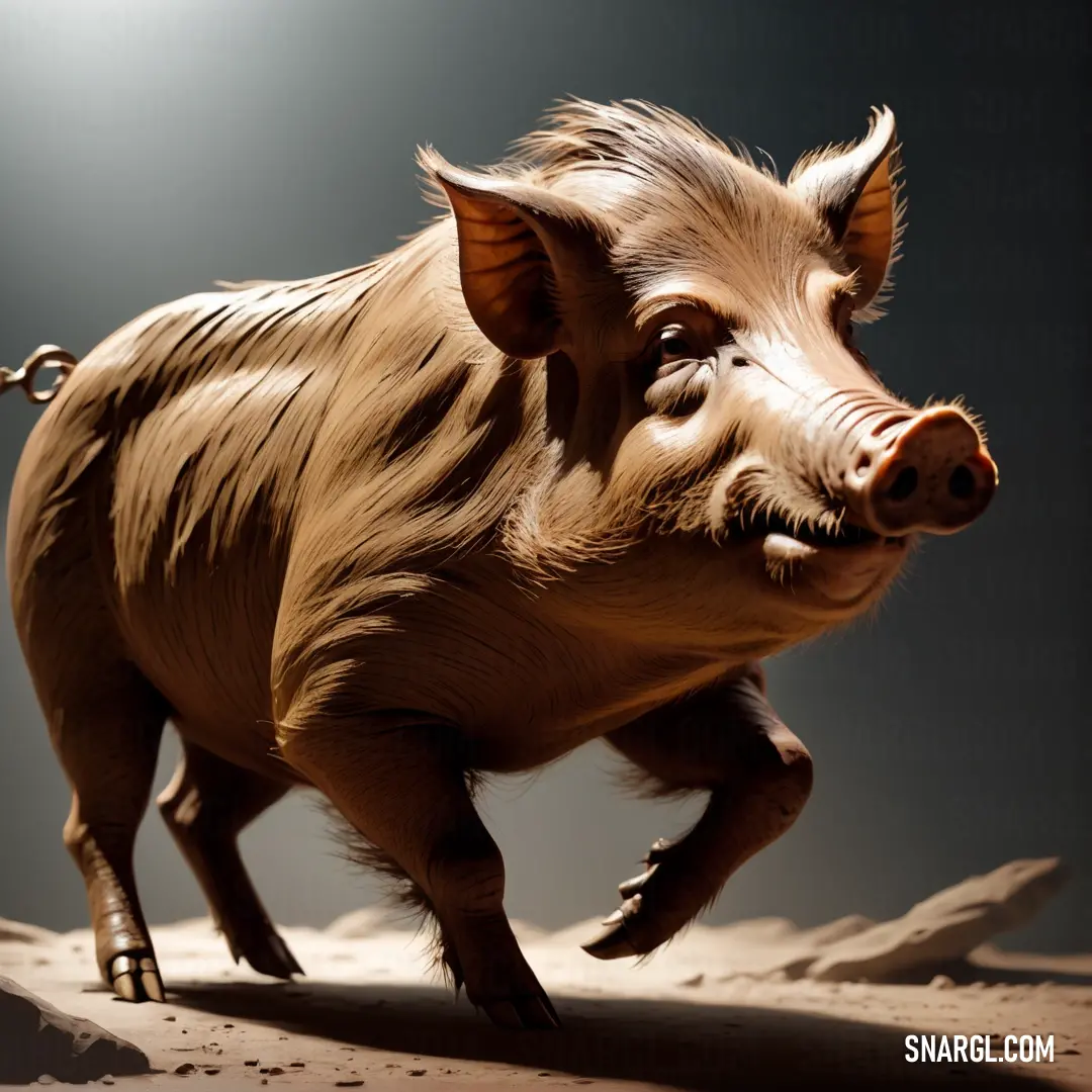 Fake pig is running on a table top with a light shining on it's face and ears