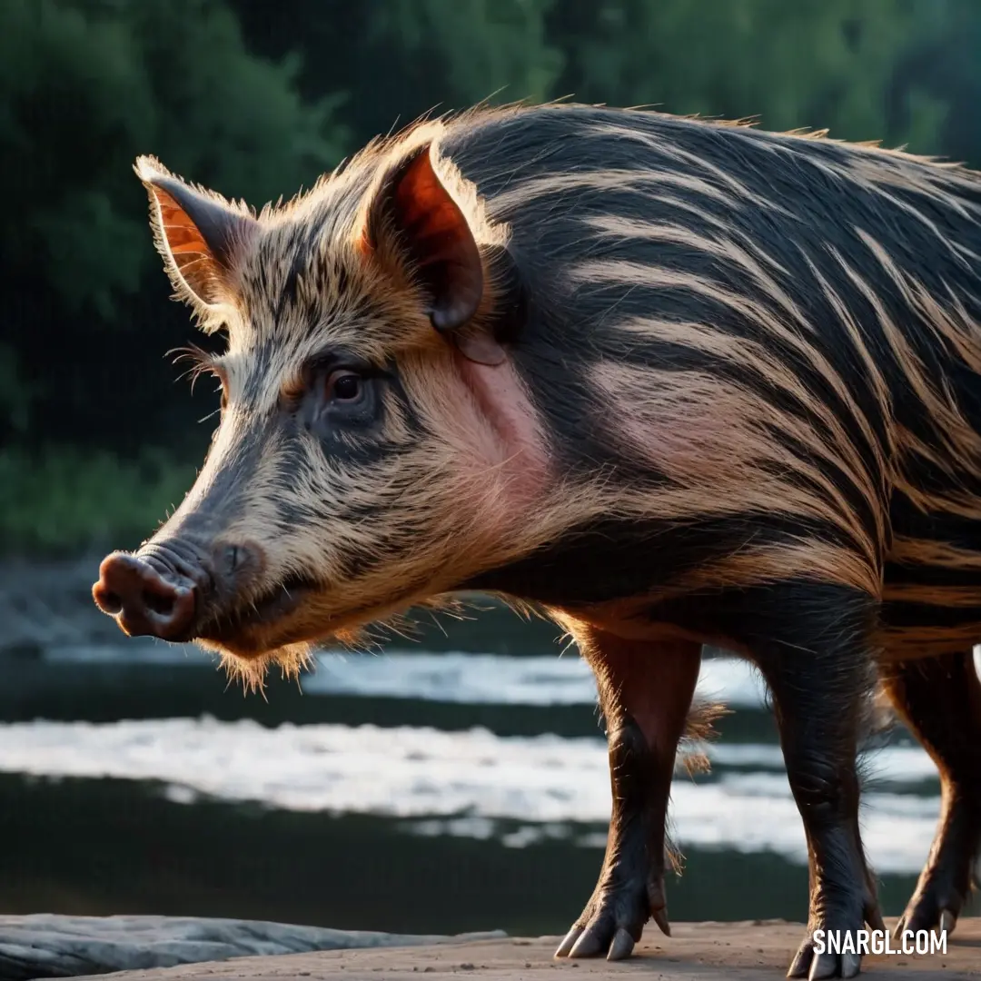 Large pig standing on top of a sandy beach next to a river and forest in the background