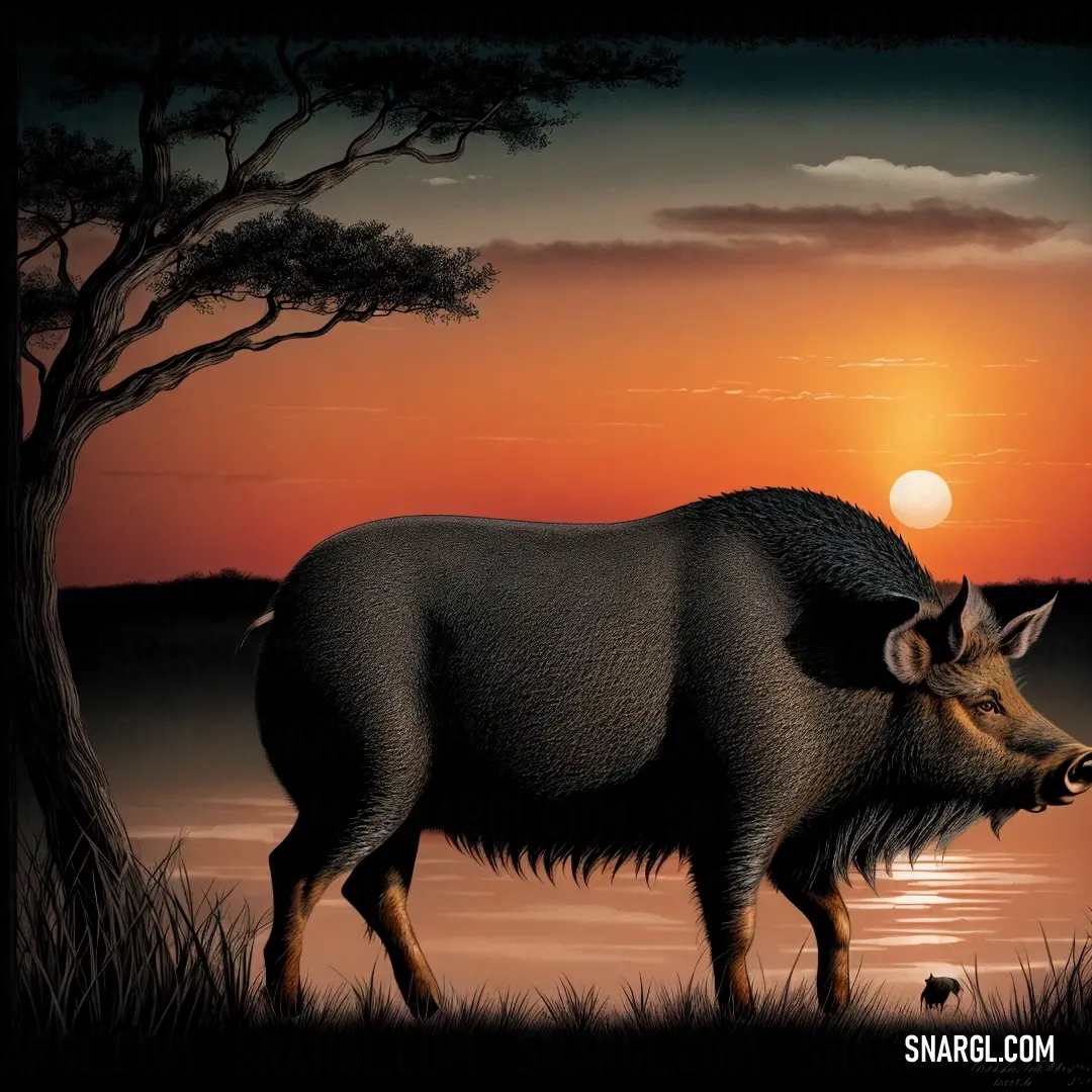 Painting of a wild boar standing in front of a sunset with a tree and water in the background