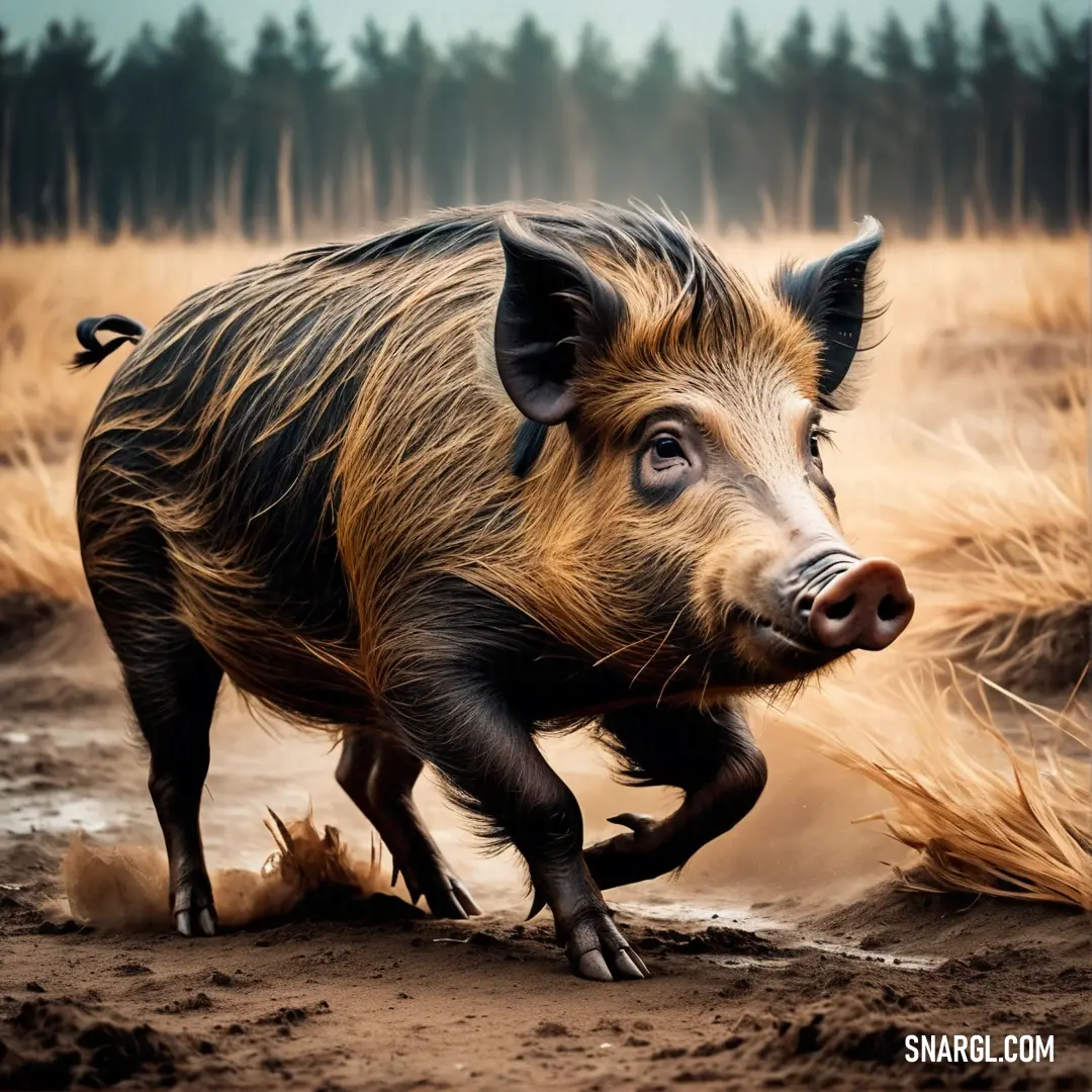 Pig is running through a muddy field of grass and dirt with trees in the background