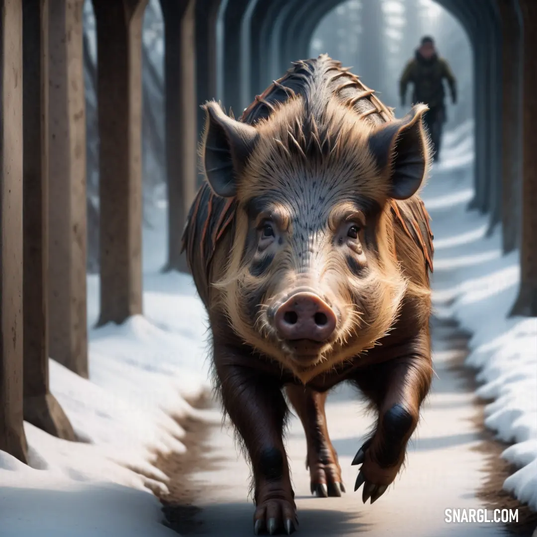 Pig is running through a snowy tunnel with a male Boar in the background