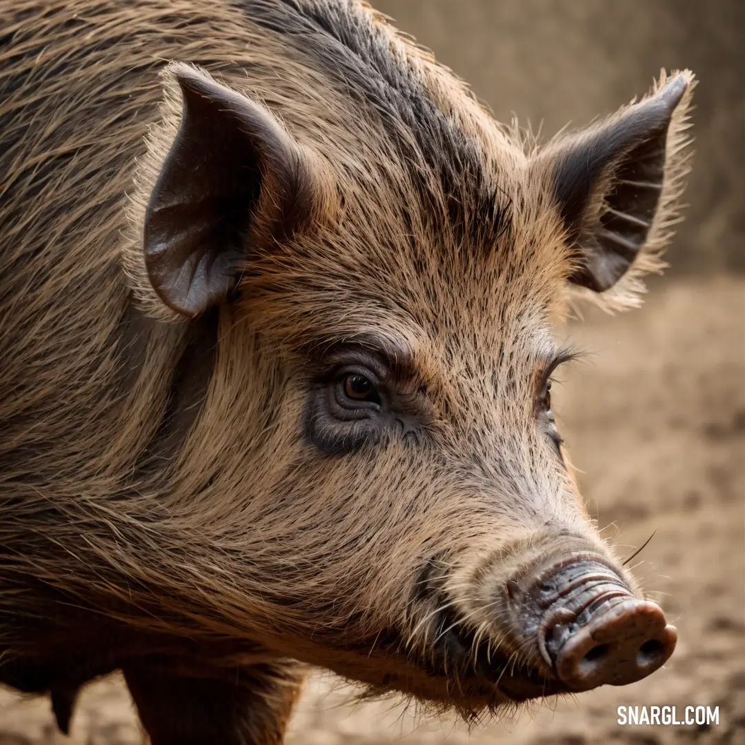 Pig is standing in the dirt looking at something with a sad look on its face and eyes