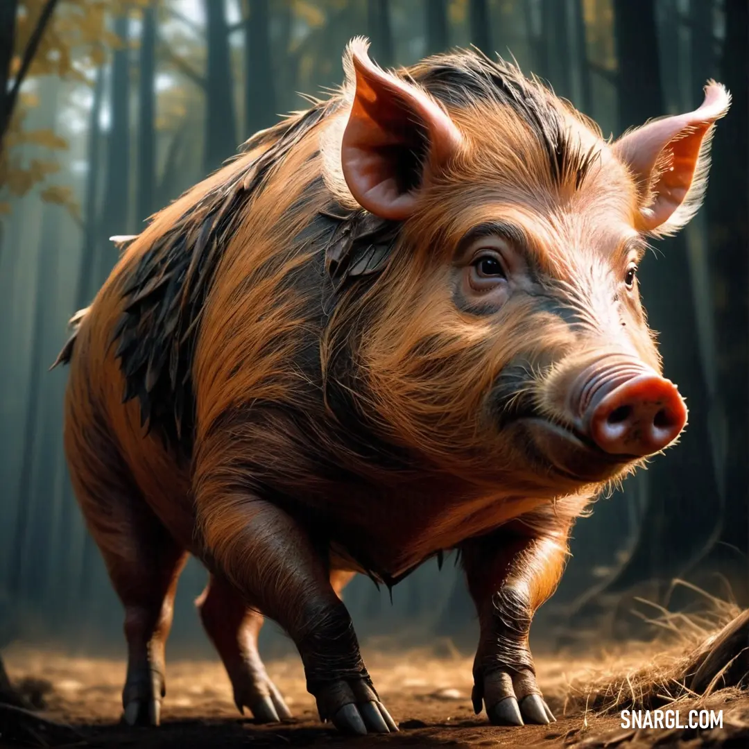 Pig is walking through a forest in the daytime light