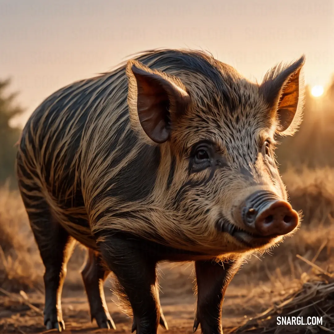 Pig standing in a field with the sun setting behind it and a tree in the background