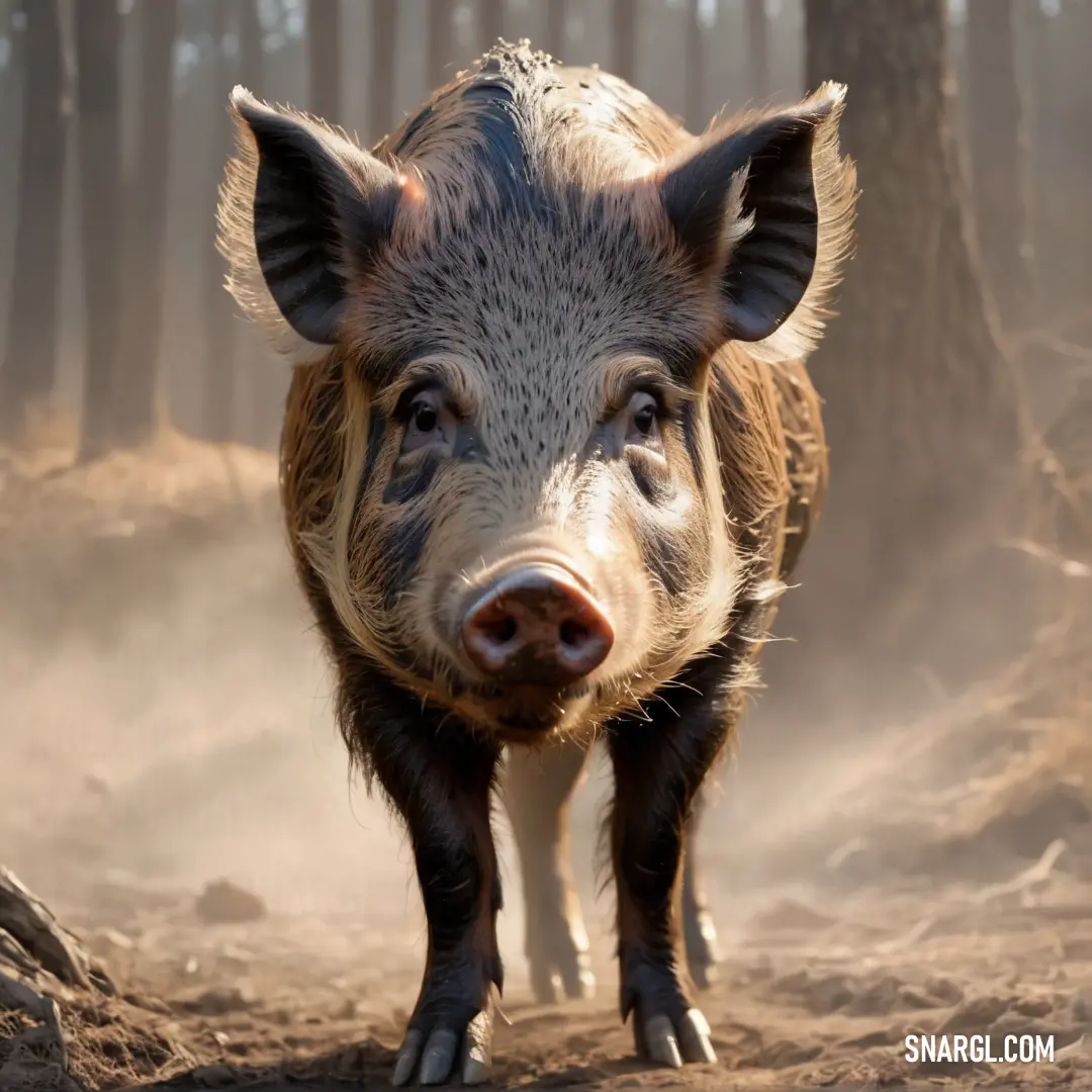 Pig standing in the middle of a forest with fog in the background