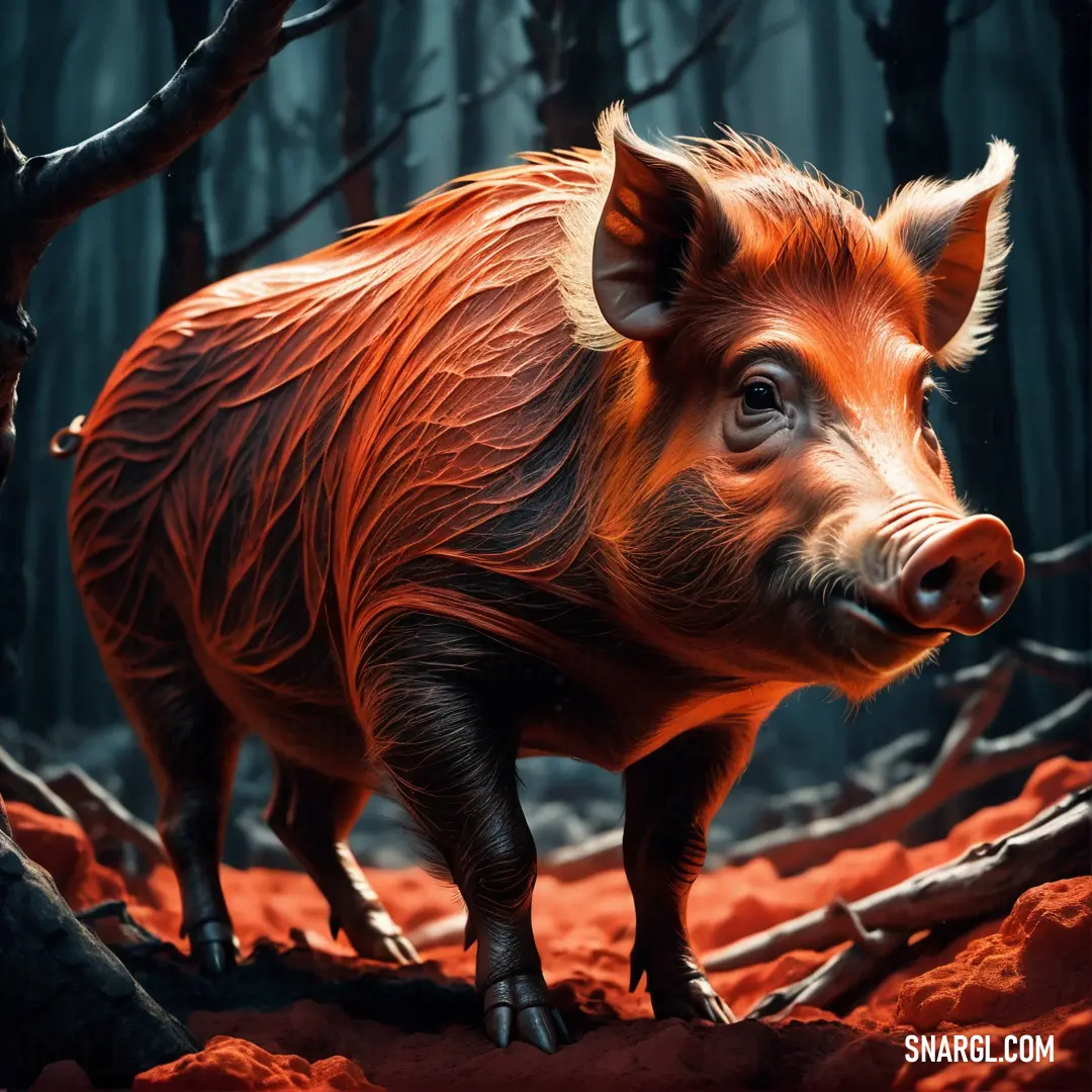 Pig standing on a red dirt covered ground in a forest with trees and branches in the background