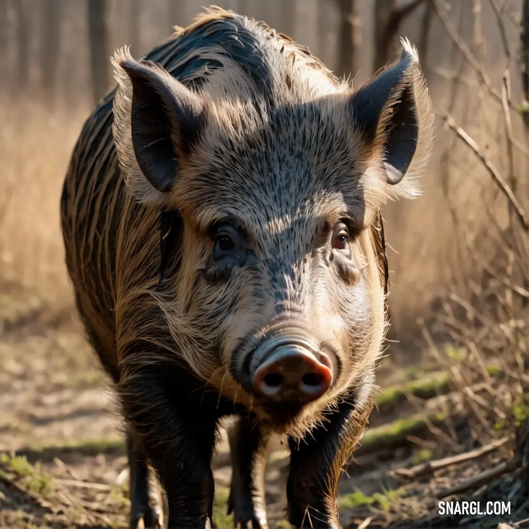 Pig walking through a forest with trees in the background