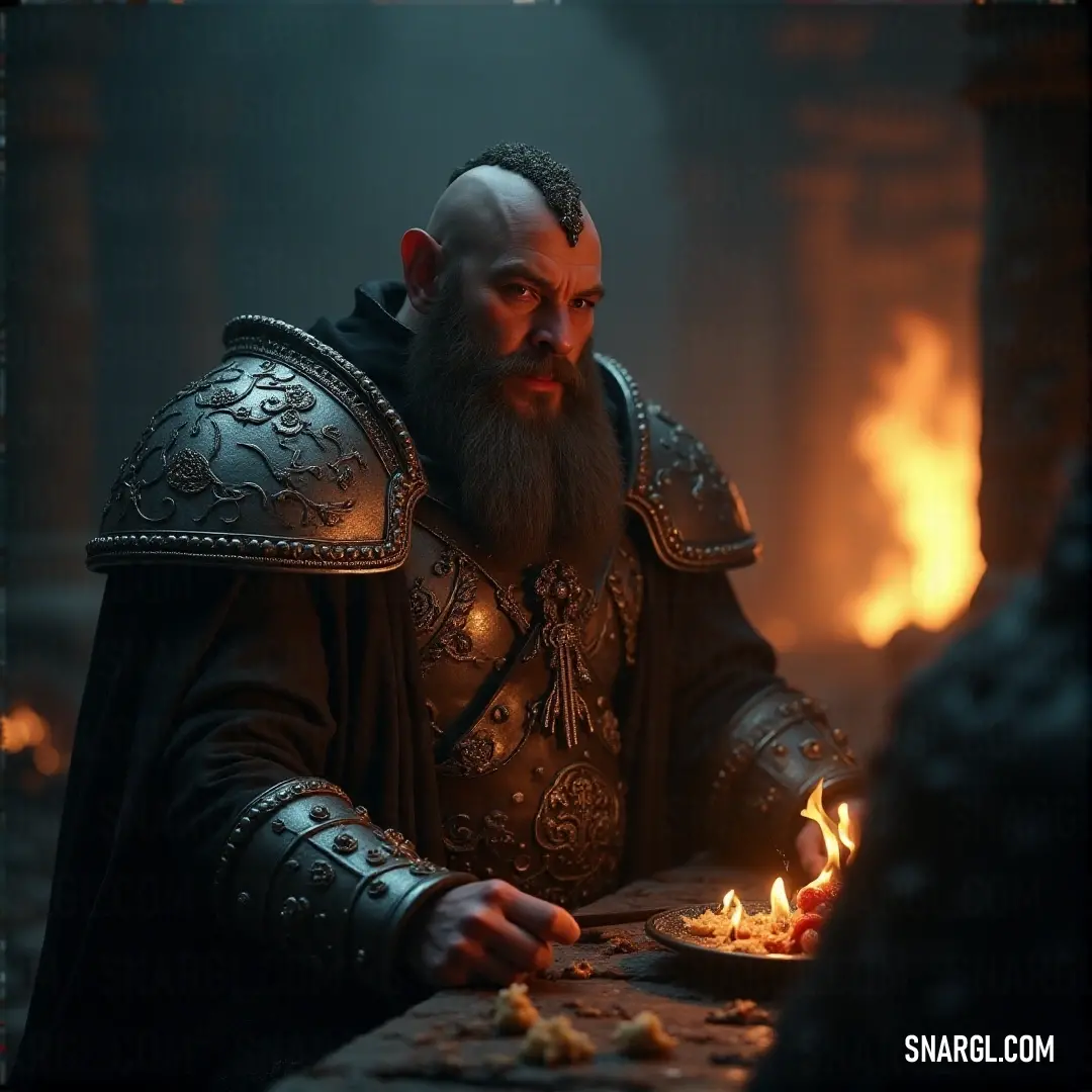 Clad in an elaborate medieval costume, a joyful figure balances a colorful plate of abundant food before a sizzling fire pit, where flames dance and offer warmth and comfort against the night.