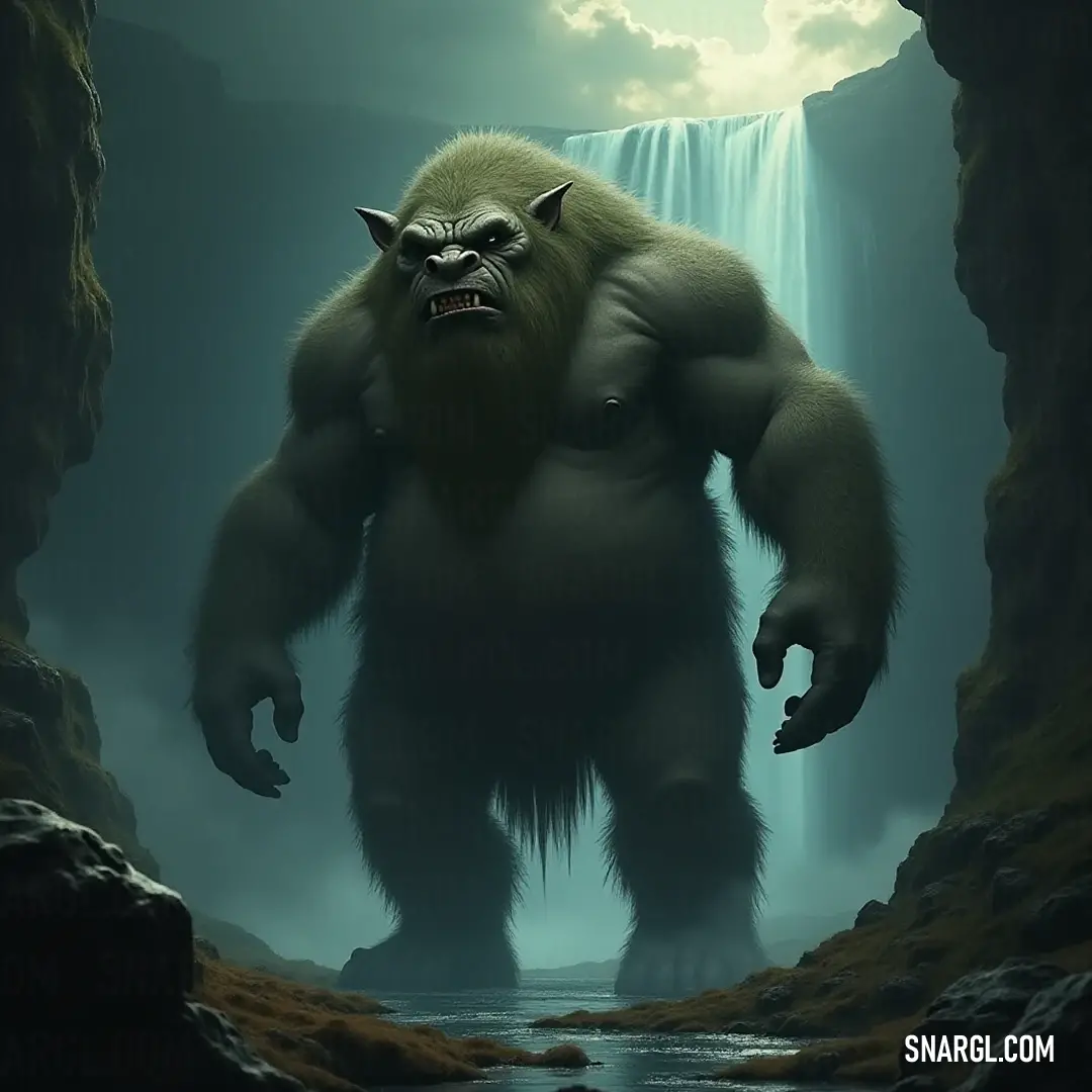 Big Furry Boggar by a Waterfall in a Cave An adorable, big furry boggar stands beside a cascading waterfall within a cave, its vibrant fur blending with the natural beauty, creating a serene atmosphere steeped in nature's wonders.
