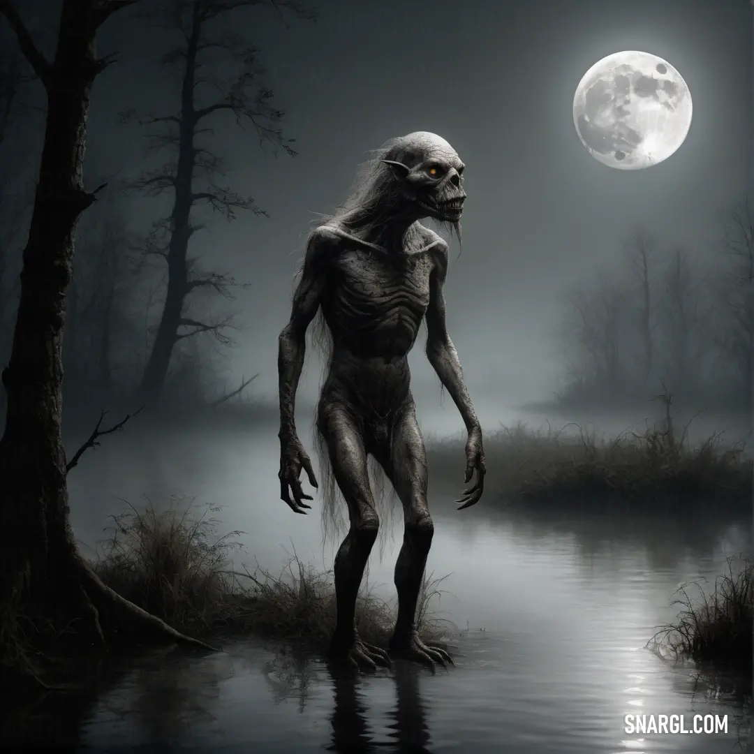 Creepy Boggart standing in the water with a full moon in the background