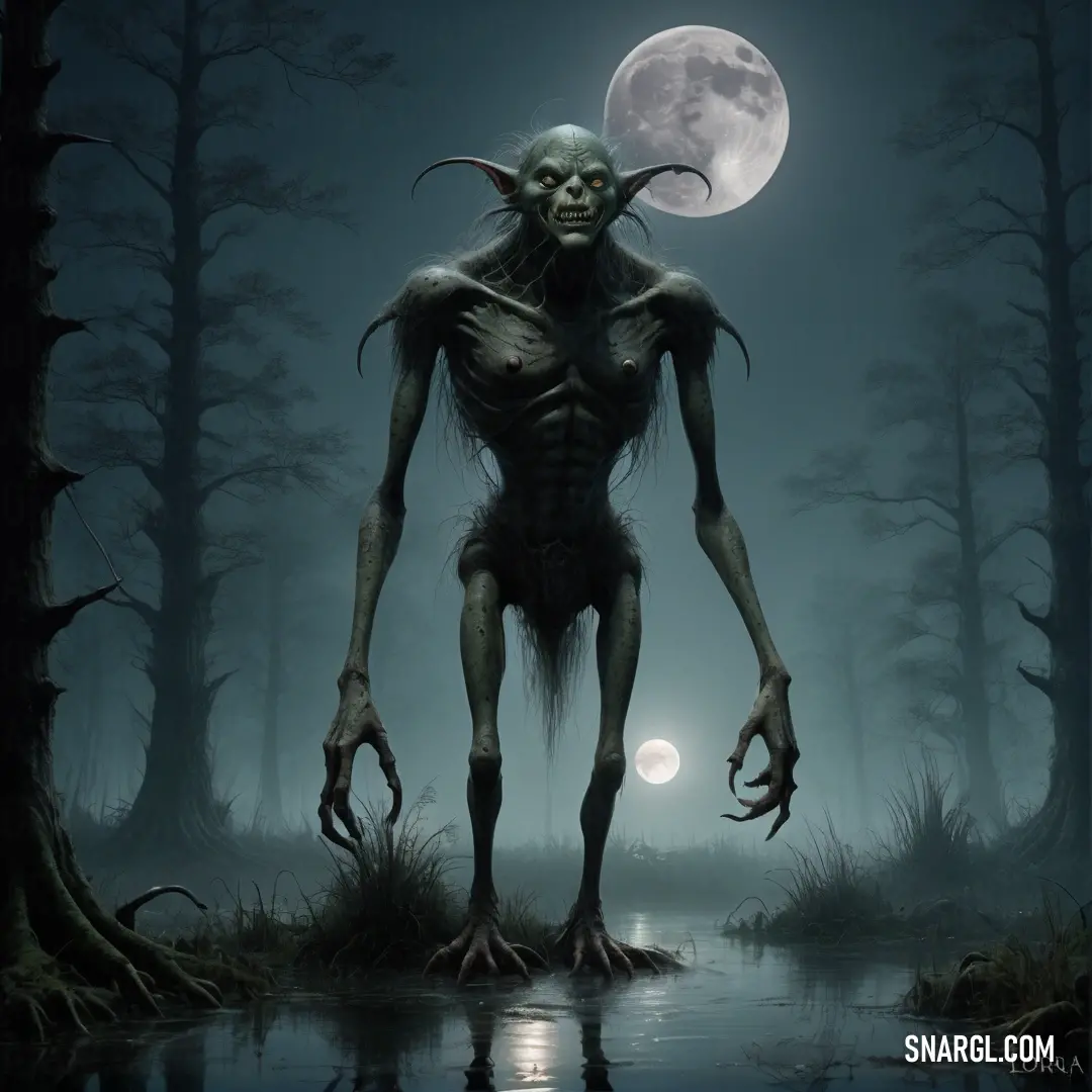 Creepy Boggart standing in the middle of a swamp at night with a full moon in the background