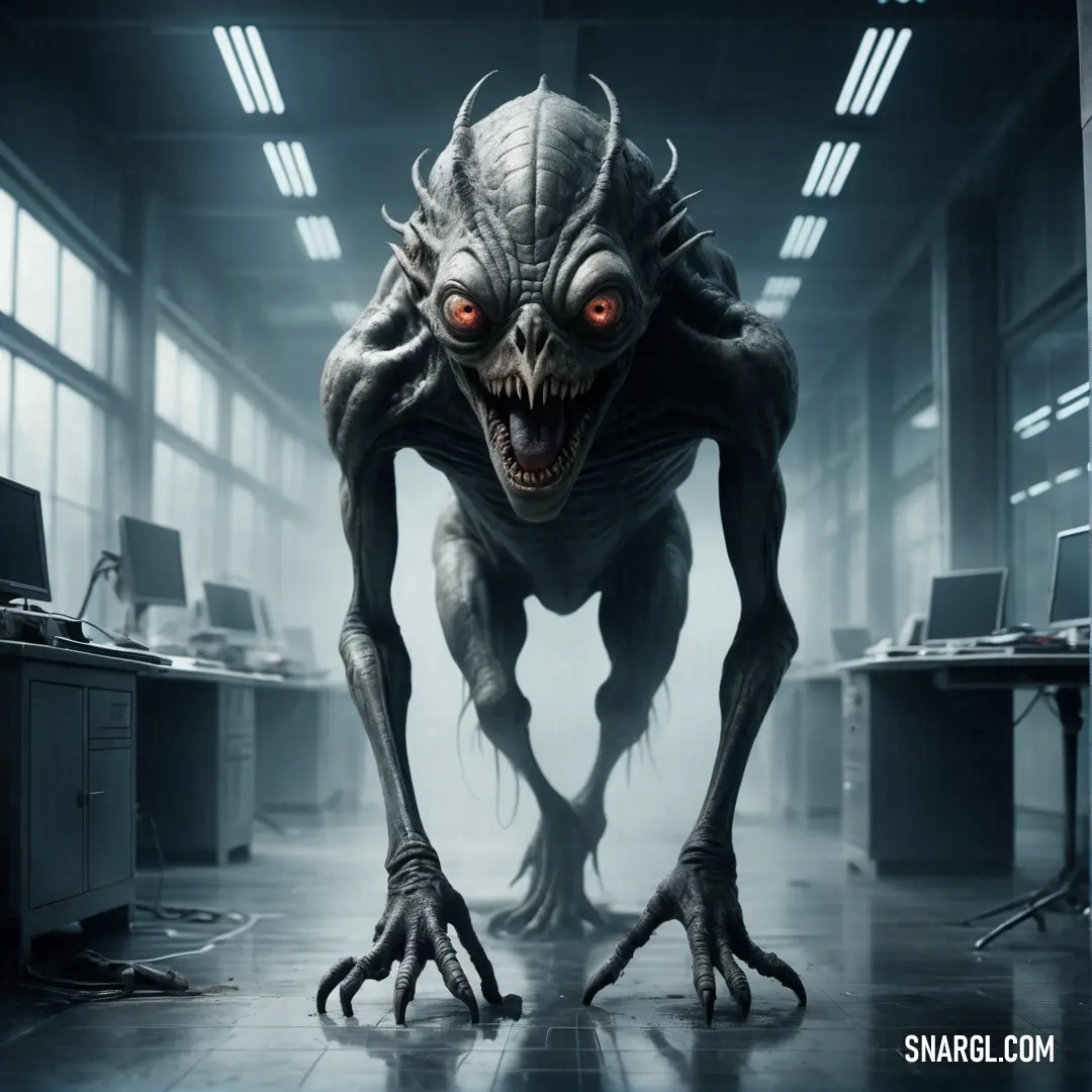 Creepy Boggart with red eyes and a creepy face in a dark office building with a computer desk