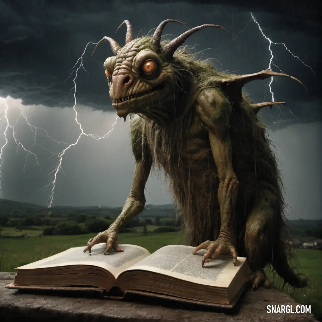 Boggart is reading a book while lightning strikes in the background