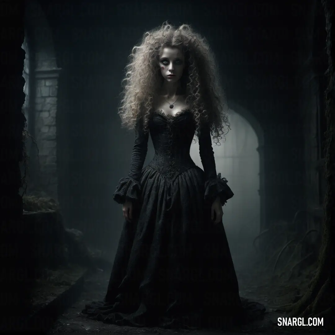 Boggart with long hair in a black dress in a dark room with a light coming through the window