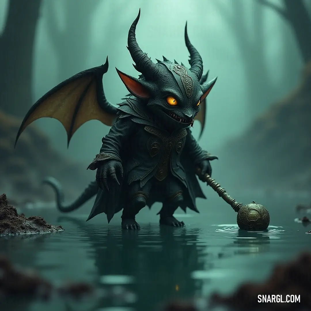 A beautifully illustrated Boggle with a staff stands in a mysterious swamp, framed by towering trees and rugged rocks that amplify the enchanting allure of this fantasy scene.