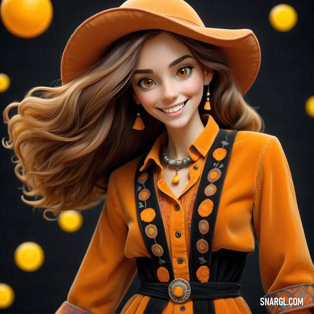 Cartoon girl with a hat and orange dress and a necklace and earrings on her head and a black background