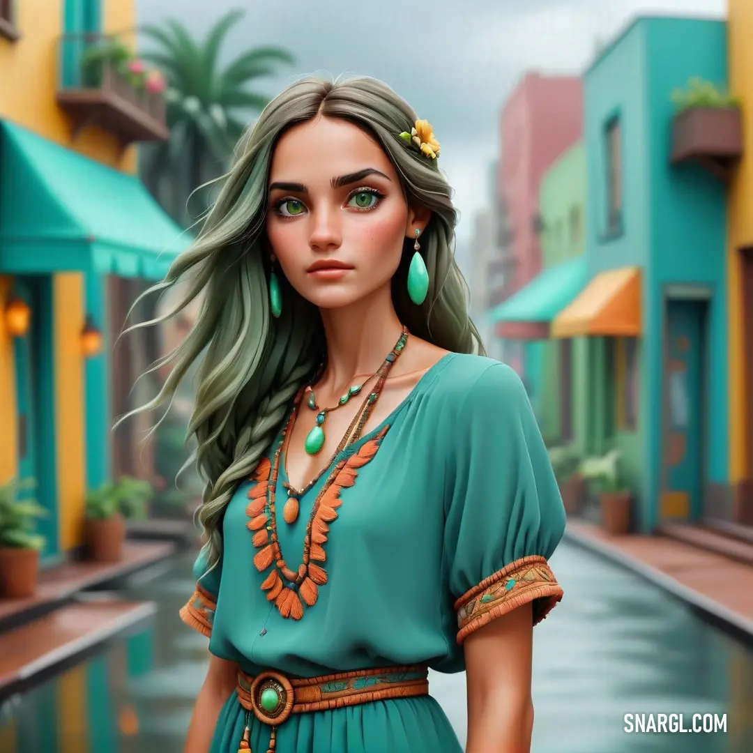 Digital painting of a woman in a green dress and earrings standing in a street with buildings in the background