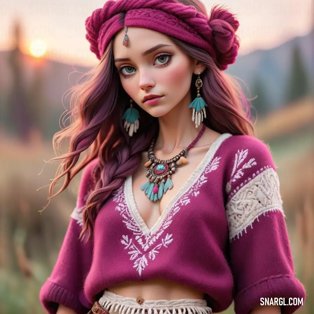 Doll with a pink shirt and a necklace on it's neck and a pink hat on her head