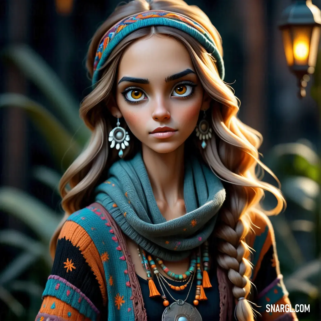 Doll with a scarf and a necklace on her head and a lamp in the background
