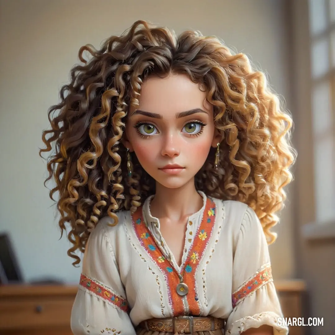 Doll with curly hair and a white shirt with a red and blue tie on it's neck