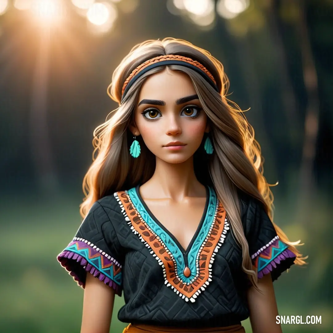 Doll with long hair wearing a black top and a brown skirt with a colorful design on it's chest