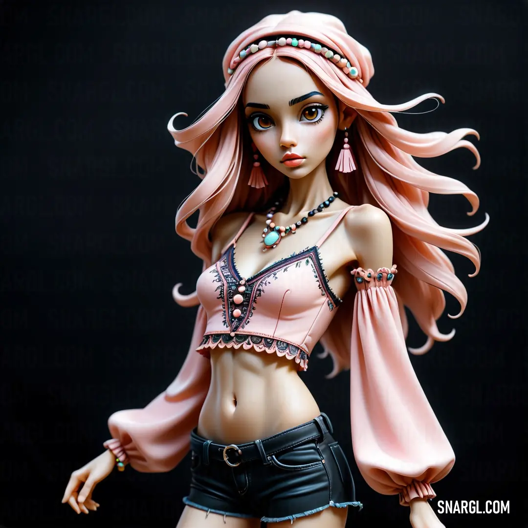 Doll with pink hair and a pink top on a black background