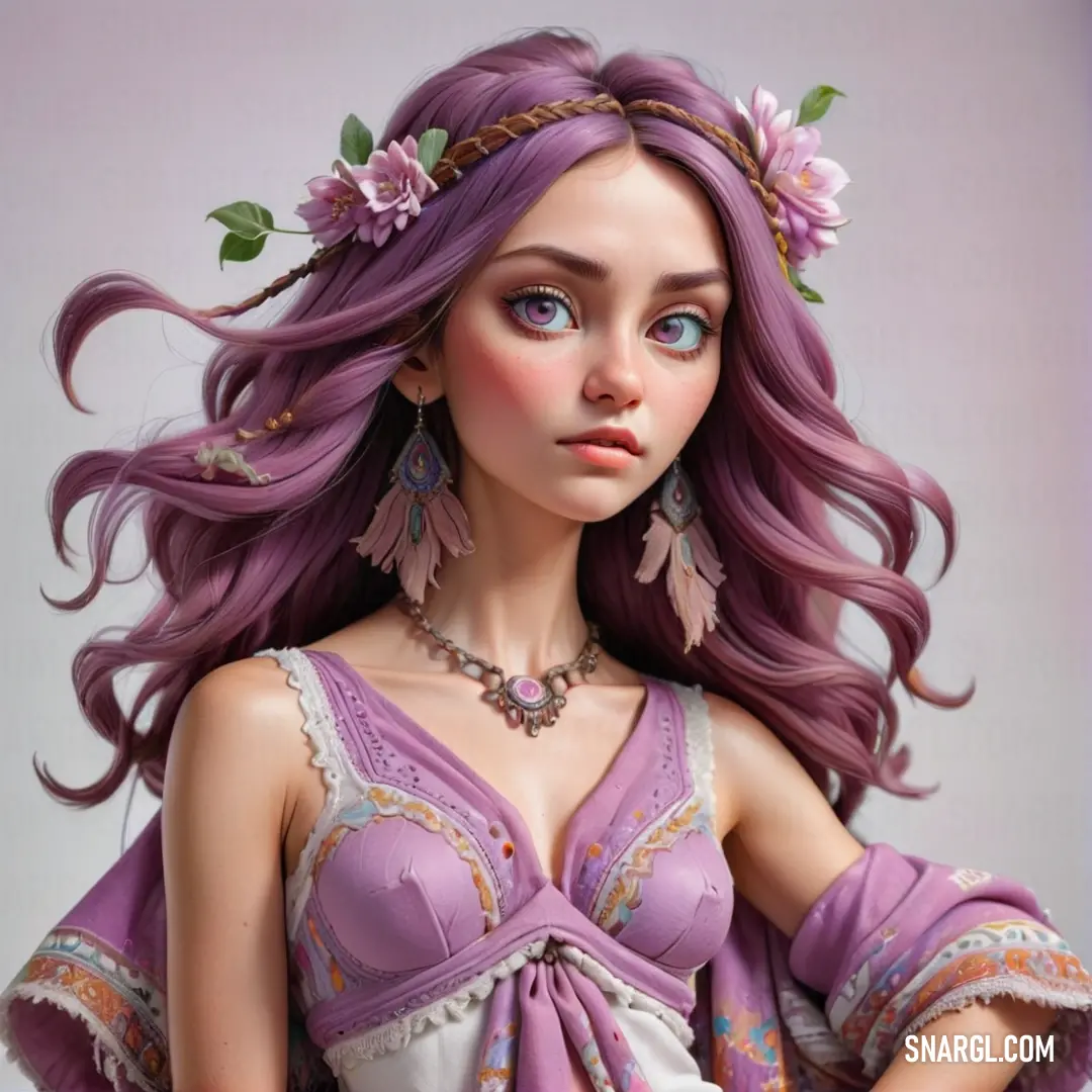 Doll with purple hair and a purple dress with flowers on it's head and a necklace with leaves on it
