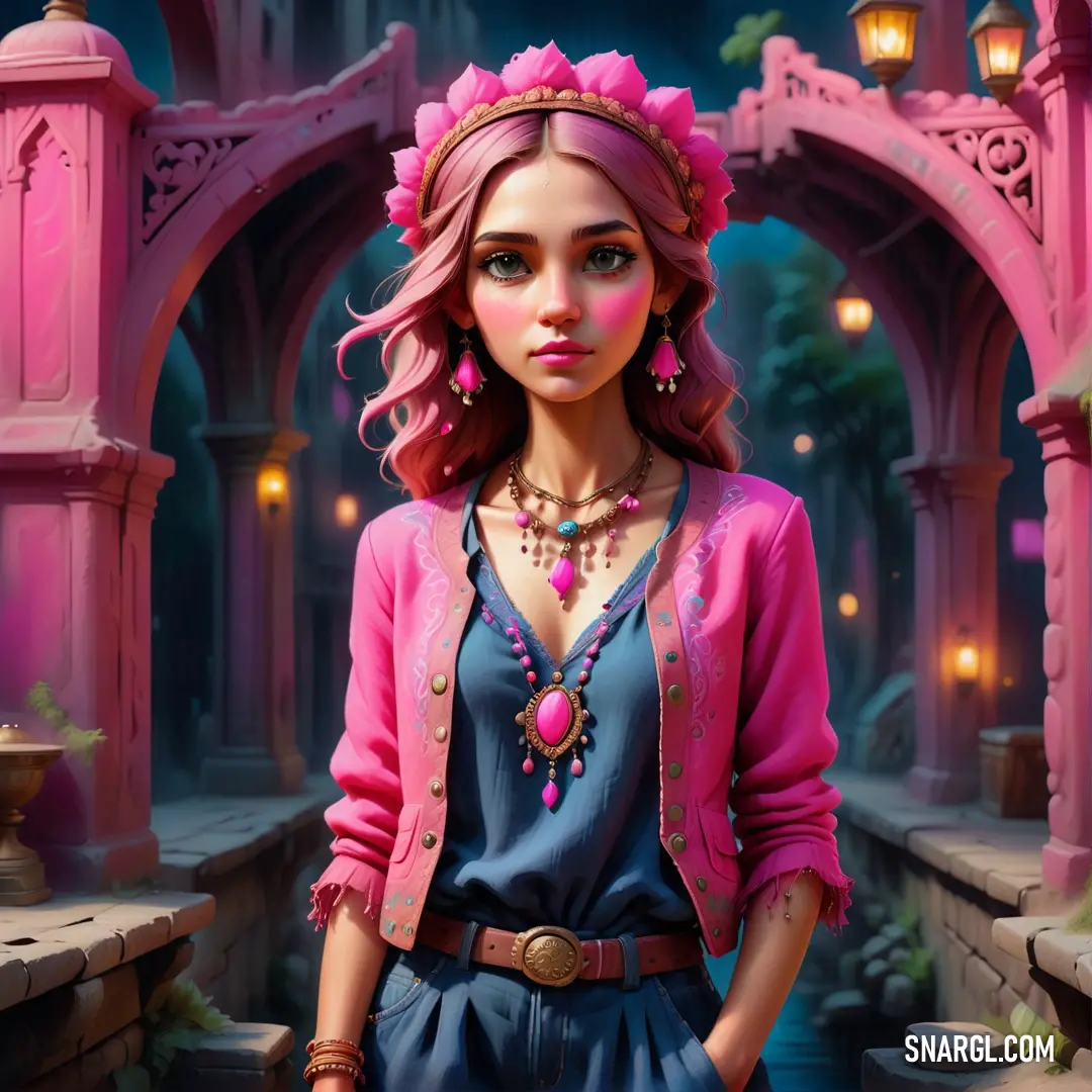 Girl with pink hair and a pink jacket and necklace standing in front of a pink archway