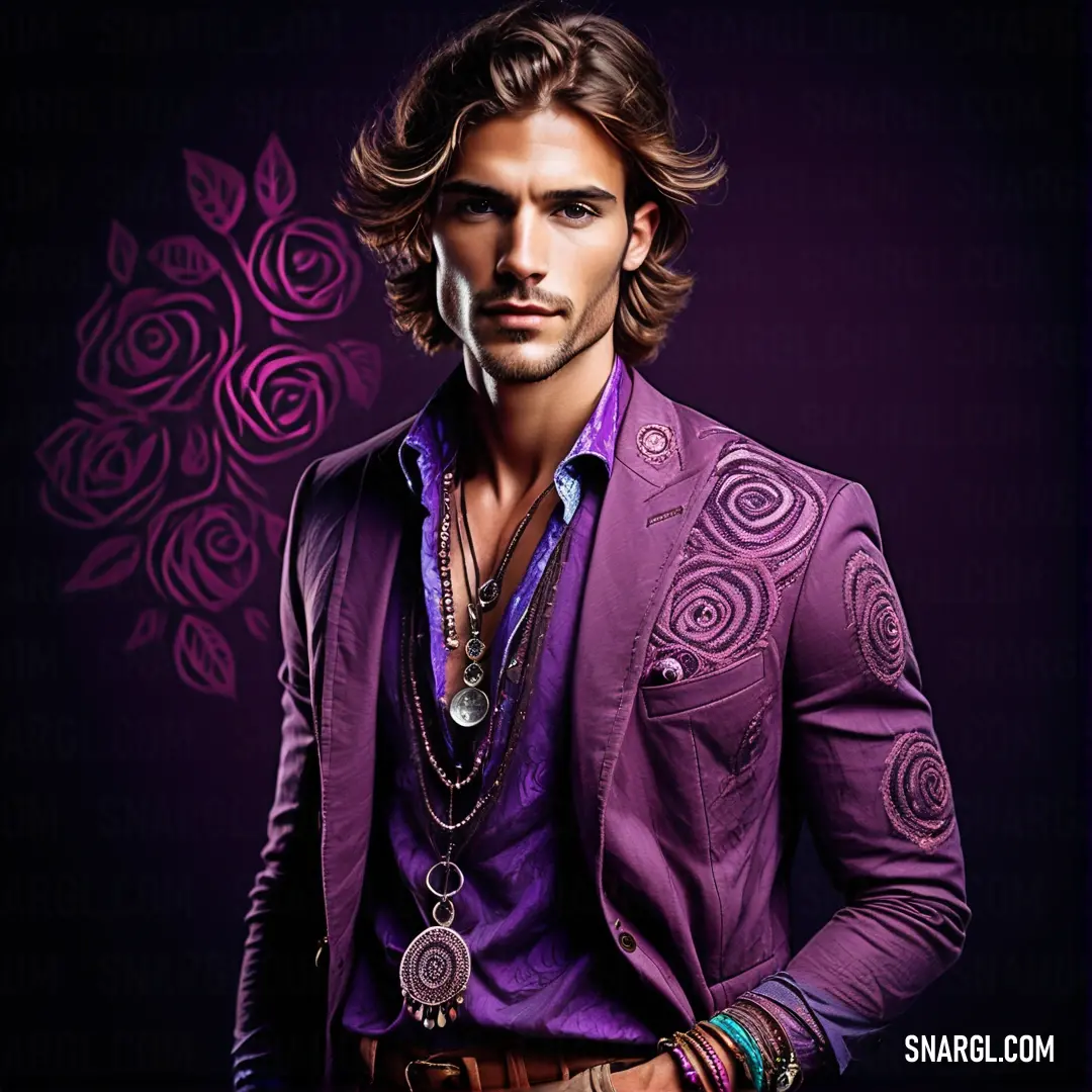 Man in a purple suit and necklaces standing in front of a purple background with a rose design