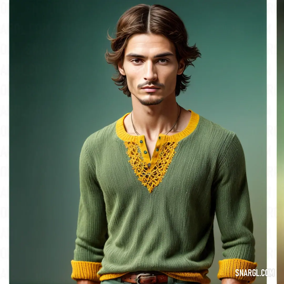 Man with a green sweater and a yellow shirt and a green sweater and a brown belt