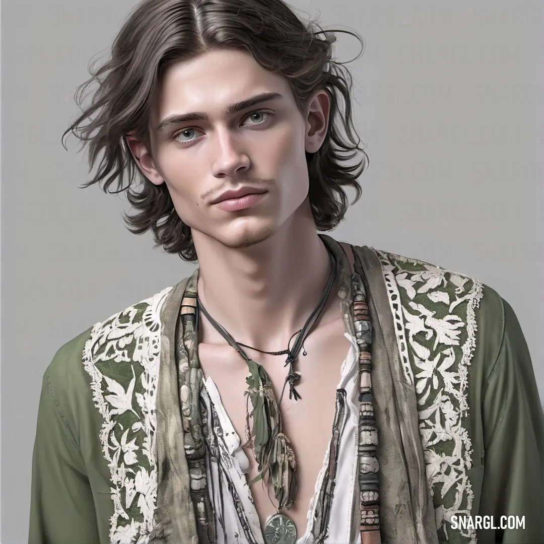 Man with a necklace and a shirt on is looking at the camera and has a serious look on his face