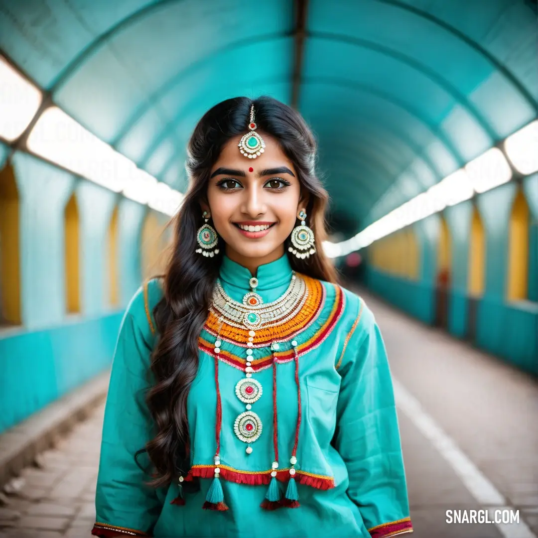 Woman in a blue outfit standing in a tunnel with a smile on her face and wearing a necklace and earrings